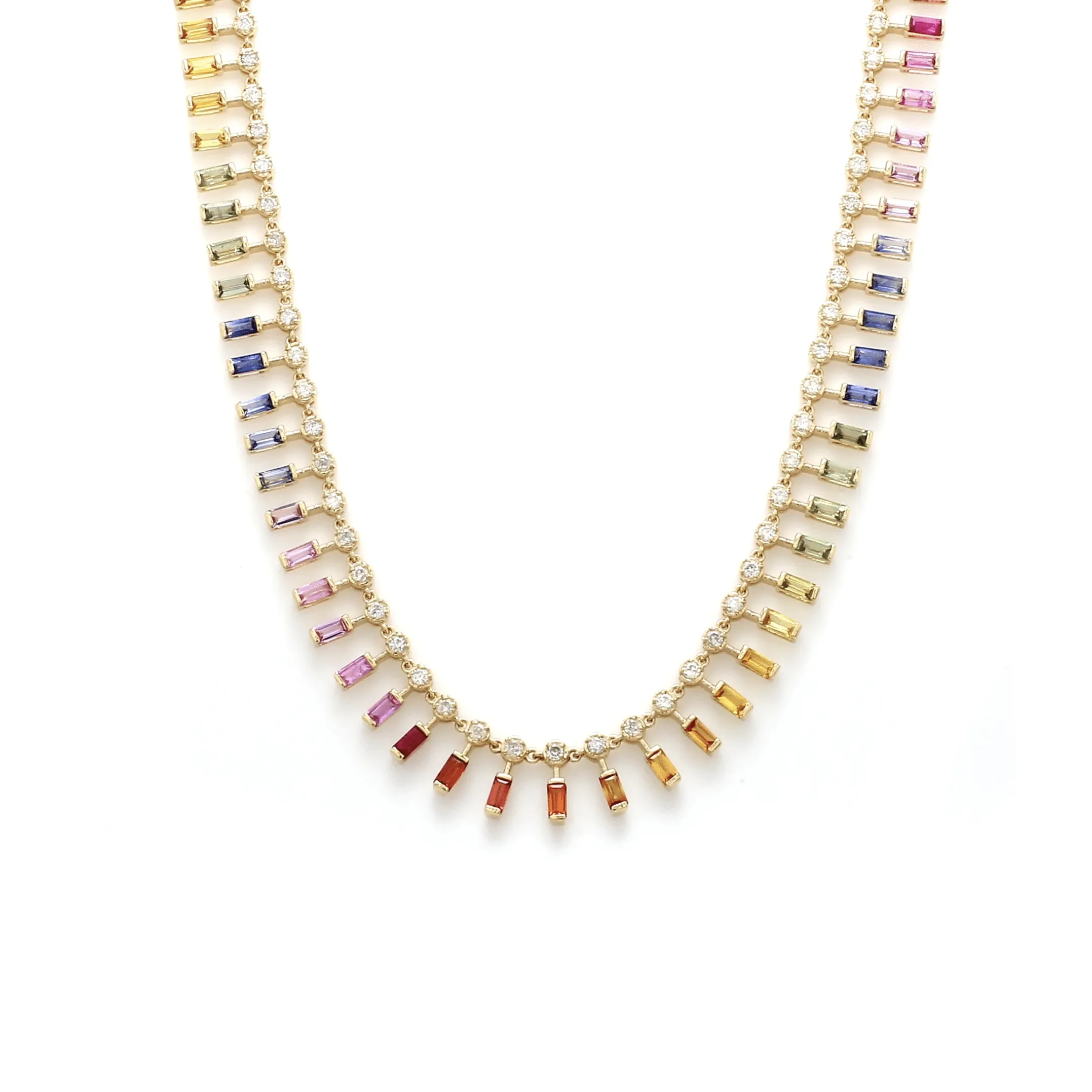 14 & 18K Diamond & Rainbow Sapphire Baguette Necklace