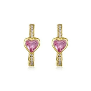 14K Gold and Diamond Pink Sapphire Heart Huggie Hoops Earrings