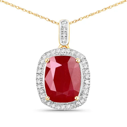 14K Yellow Gold Cushion cut Ruby and Diamond Pendant