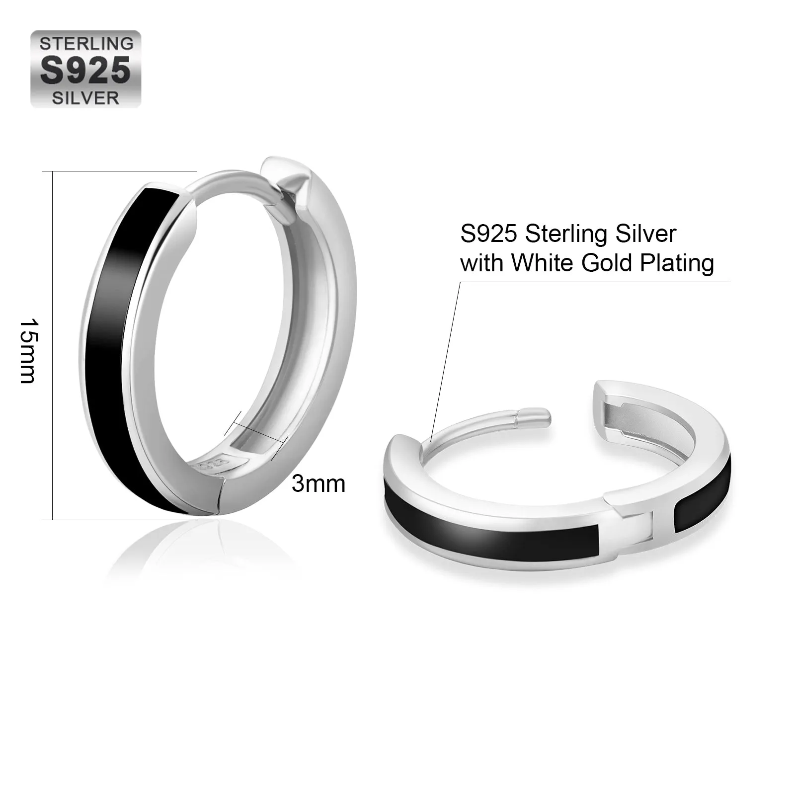 15mm Sleek Black Hoop Earrings for Men