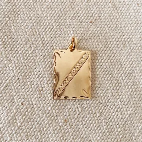 18k Gold Filled Tag Plate Pendant Featuring Diamond Cut Borders and Crossing Texture