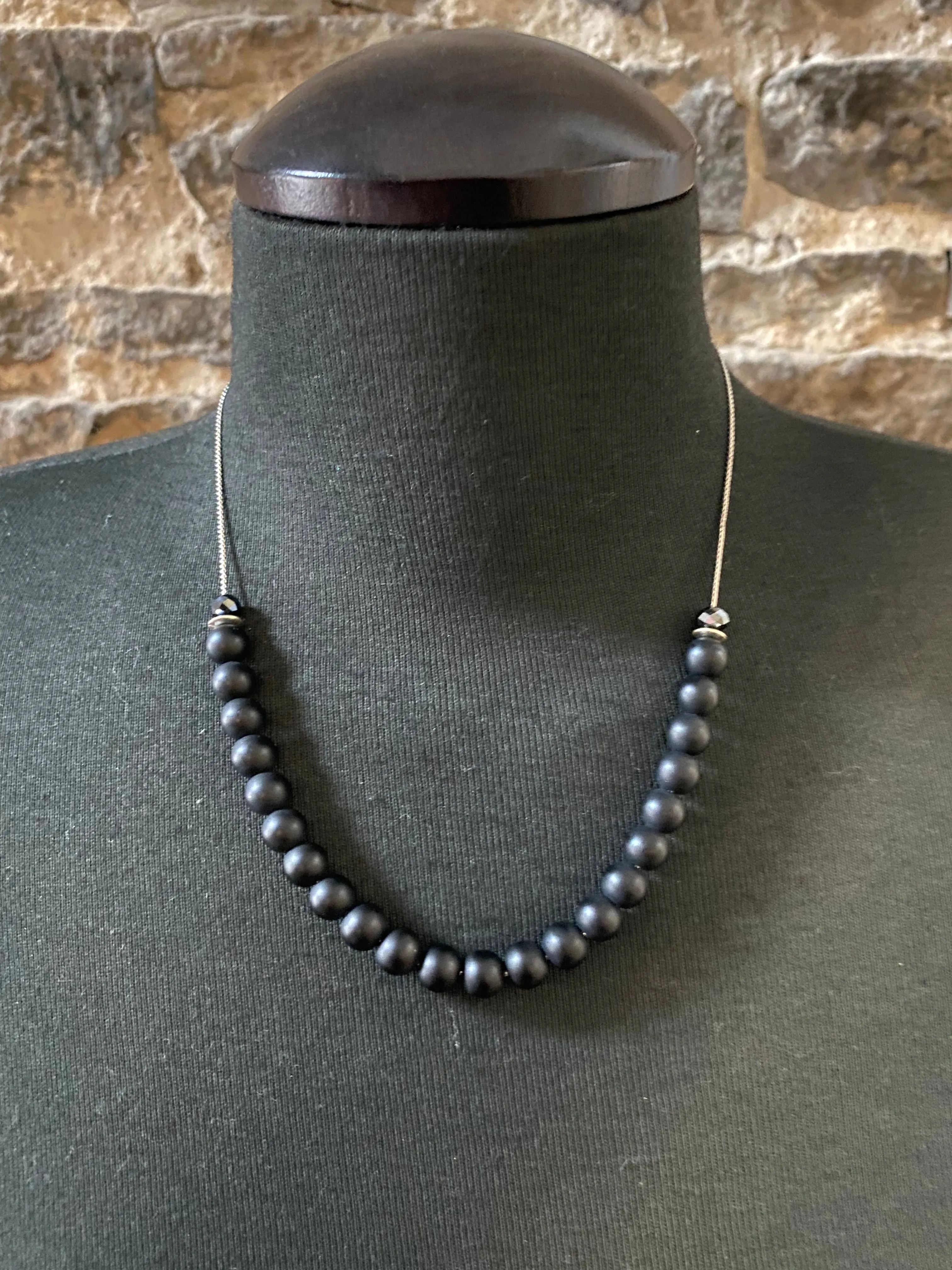 18" Silver chain Necklace with Black Matte Beads