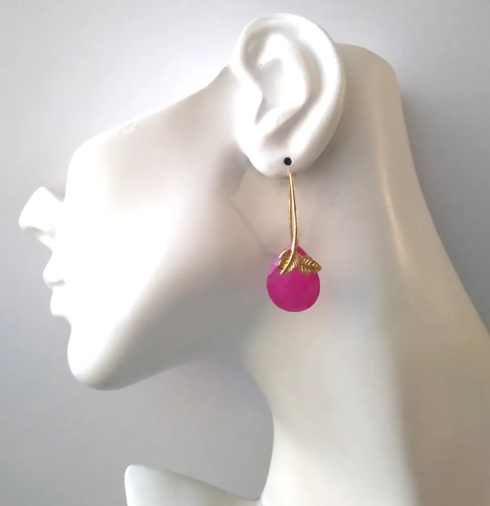 2 Leaf Pink Jade Single Gem Drop Earrings