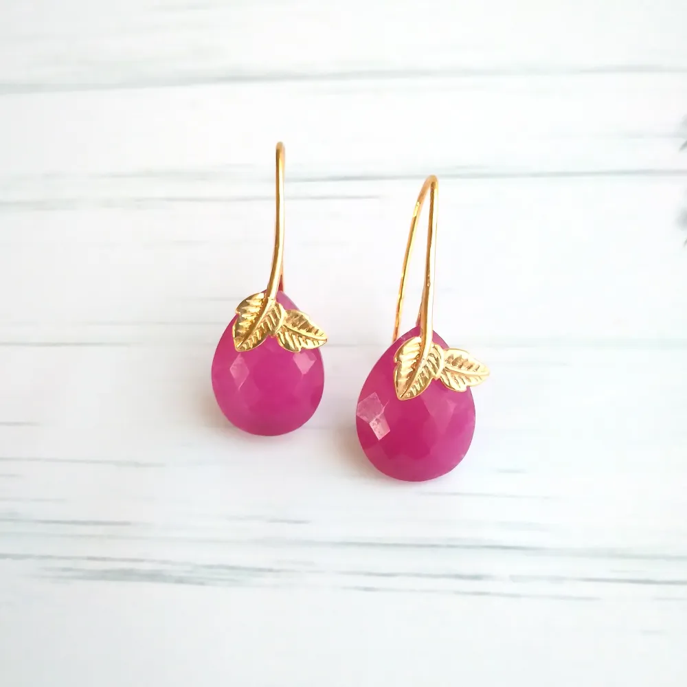 2 Leaf Pink Jade Single Gem Drop Earrings