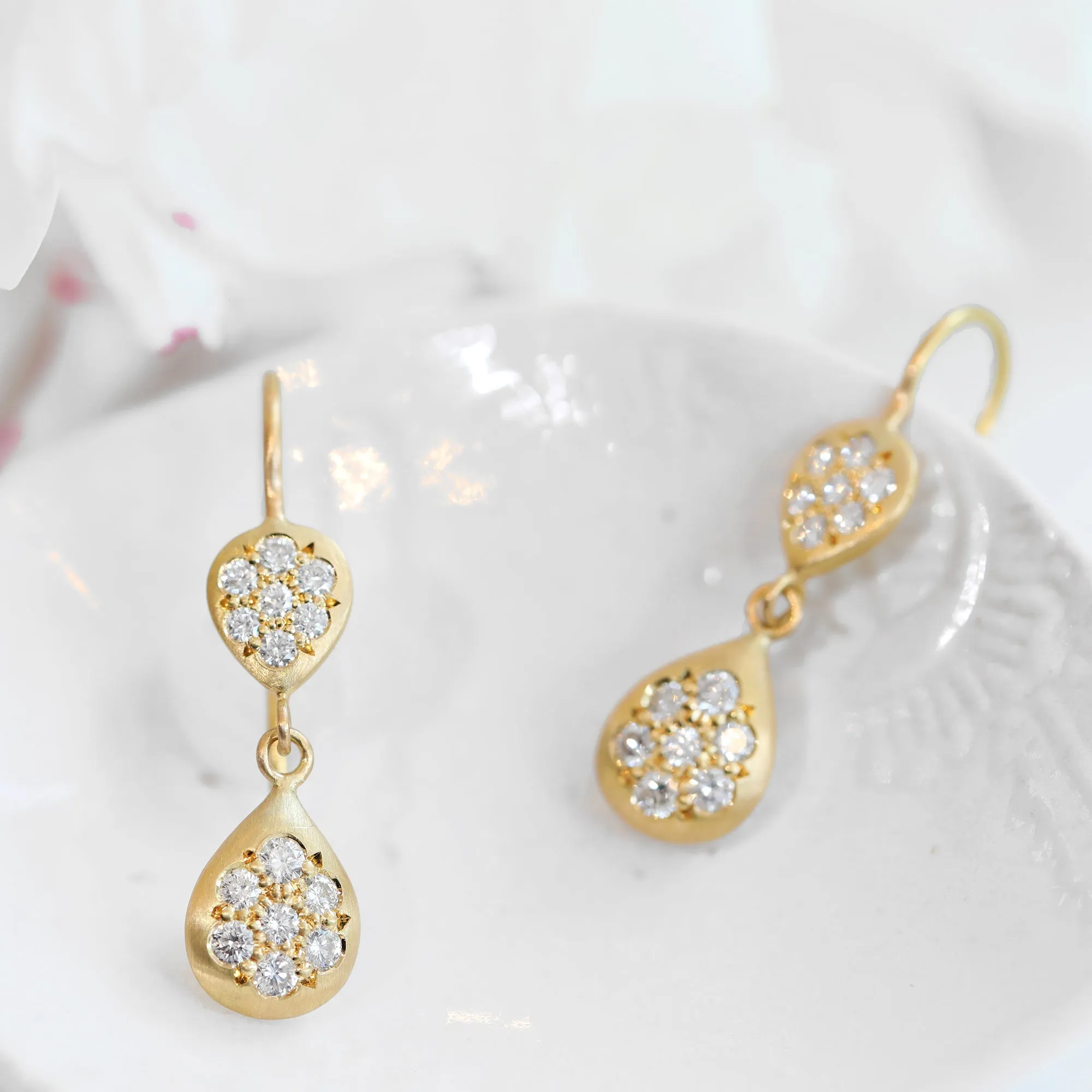 20K Gold Double Pear Shape Pave Diamond Up / Down Earrings