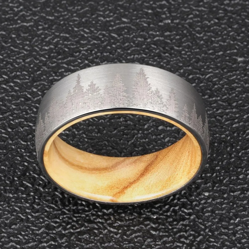 8mm Mountain Forest Olive Wood and Tungsten Carbide Comfort Fit Wedding Band