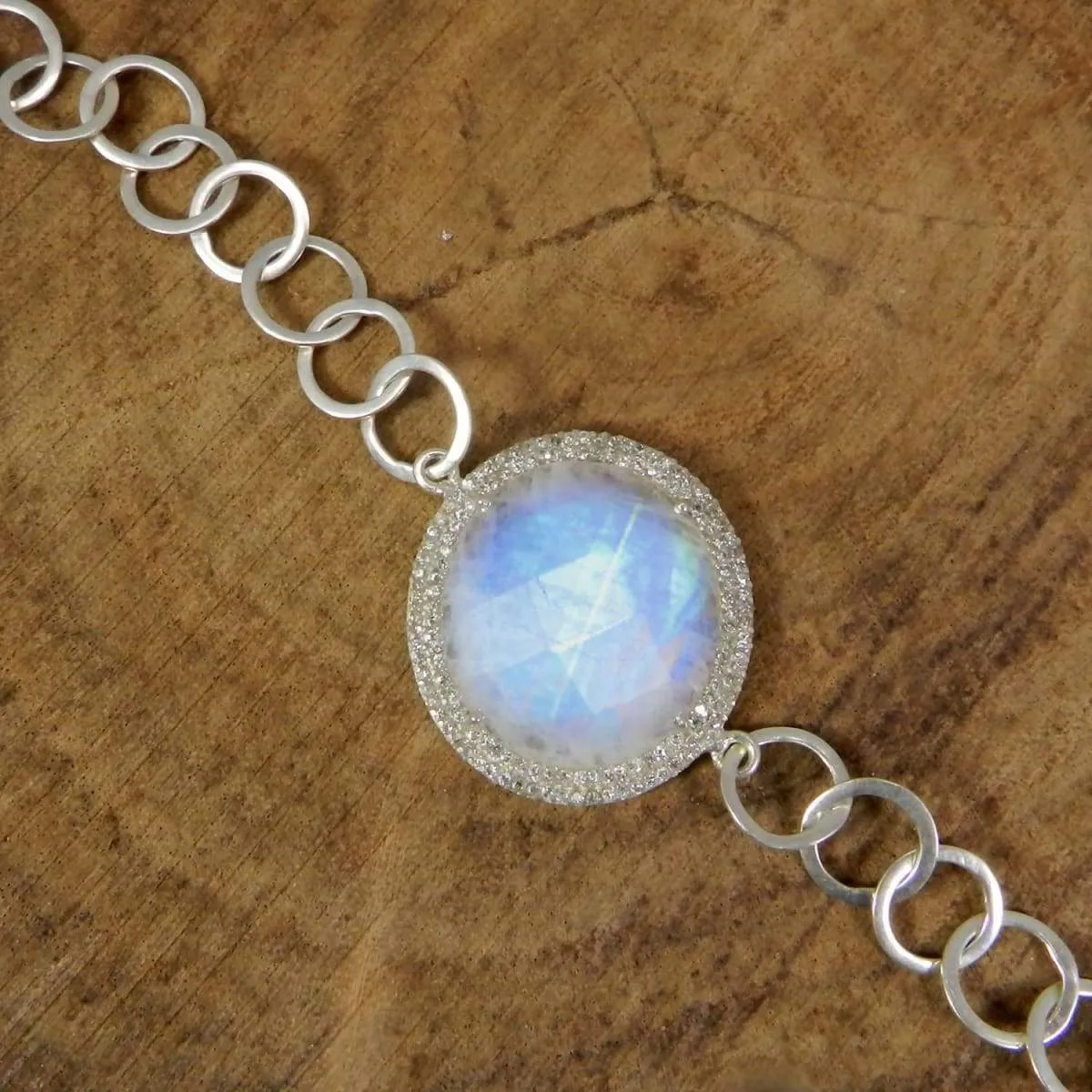 925 Sterling Silver Rainbow Moonstone & CZ Designer Link Chain Bracelet