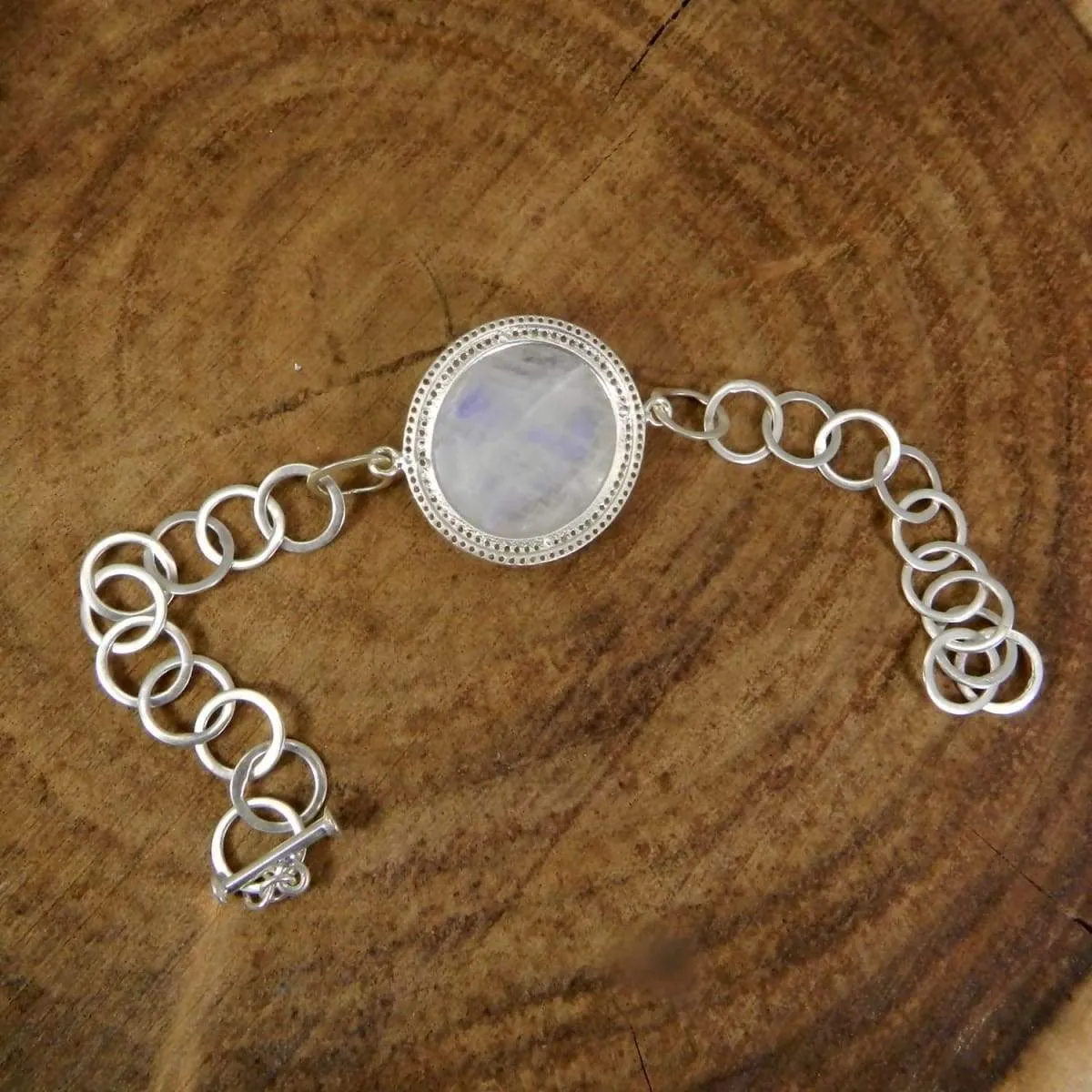 925 Sterling Silver Rainbow Moonstone & CZ Designer Link Chain Bracelet