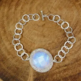 925 Sterling Silver Rainbow Moonstone & CZ Designer Link Chain Bracelet