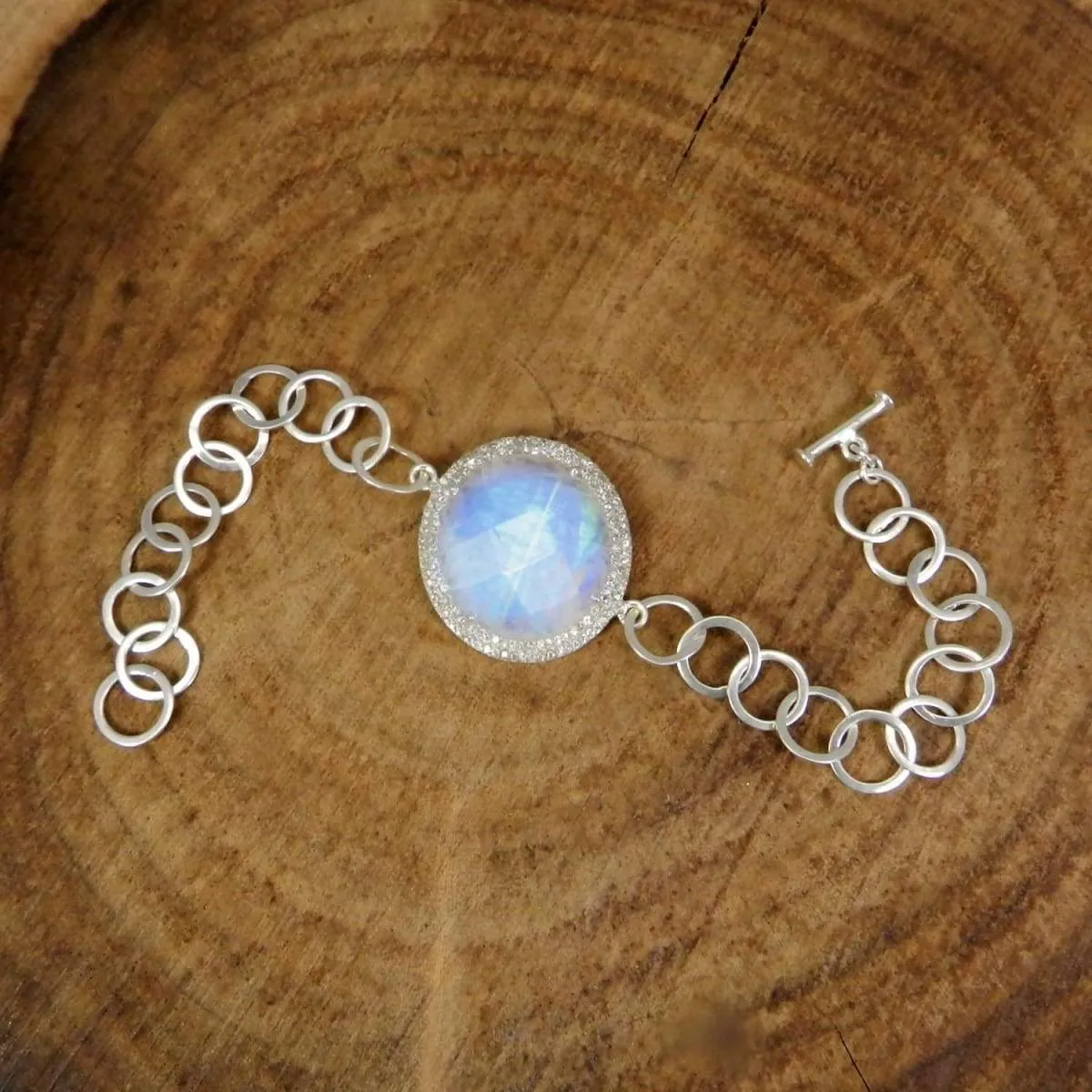 925 Sterling Silver Rainbow Moonstone & CZ Designer Link Chain Bracelet