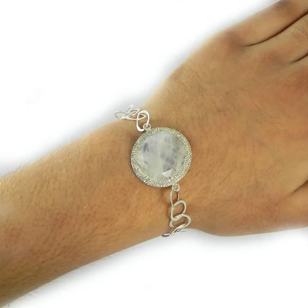 925 Sterling Silver Rainbow Moonstone & CZ Designer Link Chain Bracelet