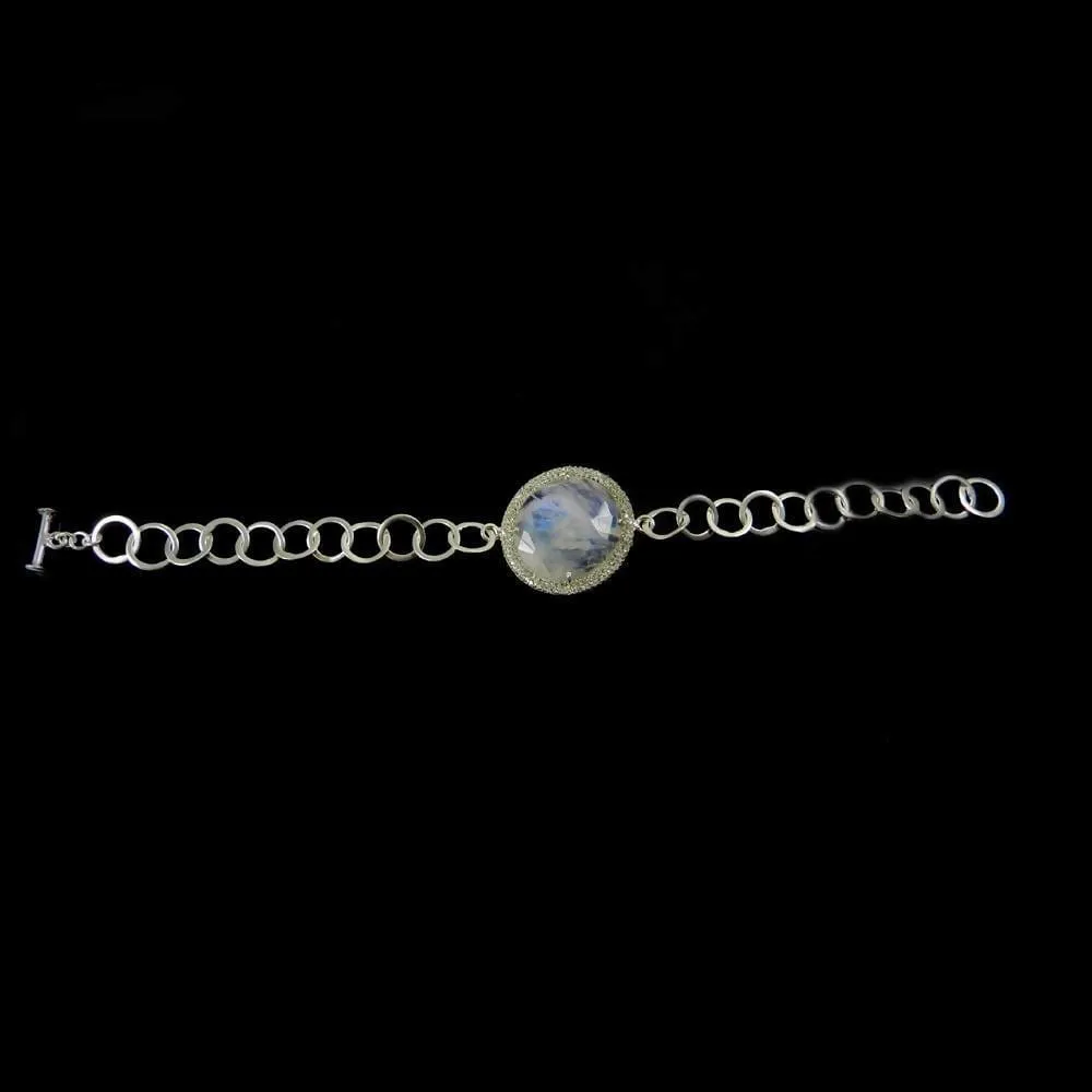 925 Sterling Silver Rainbow Moonstone & CZ Designer Link Chain Bracelet