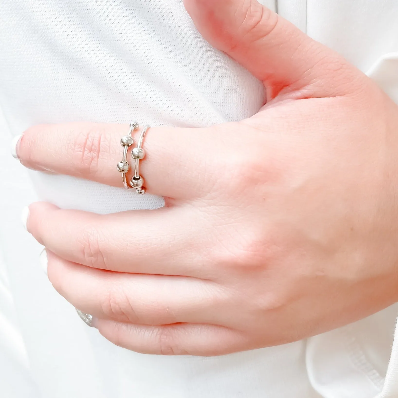 Adjustable Silver Beaded Fidget Ring