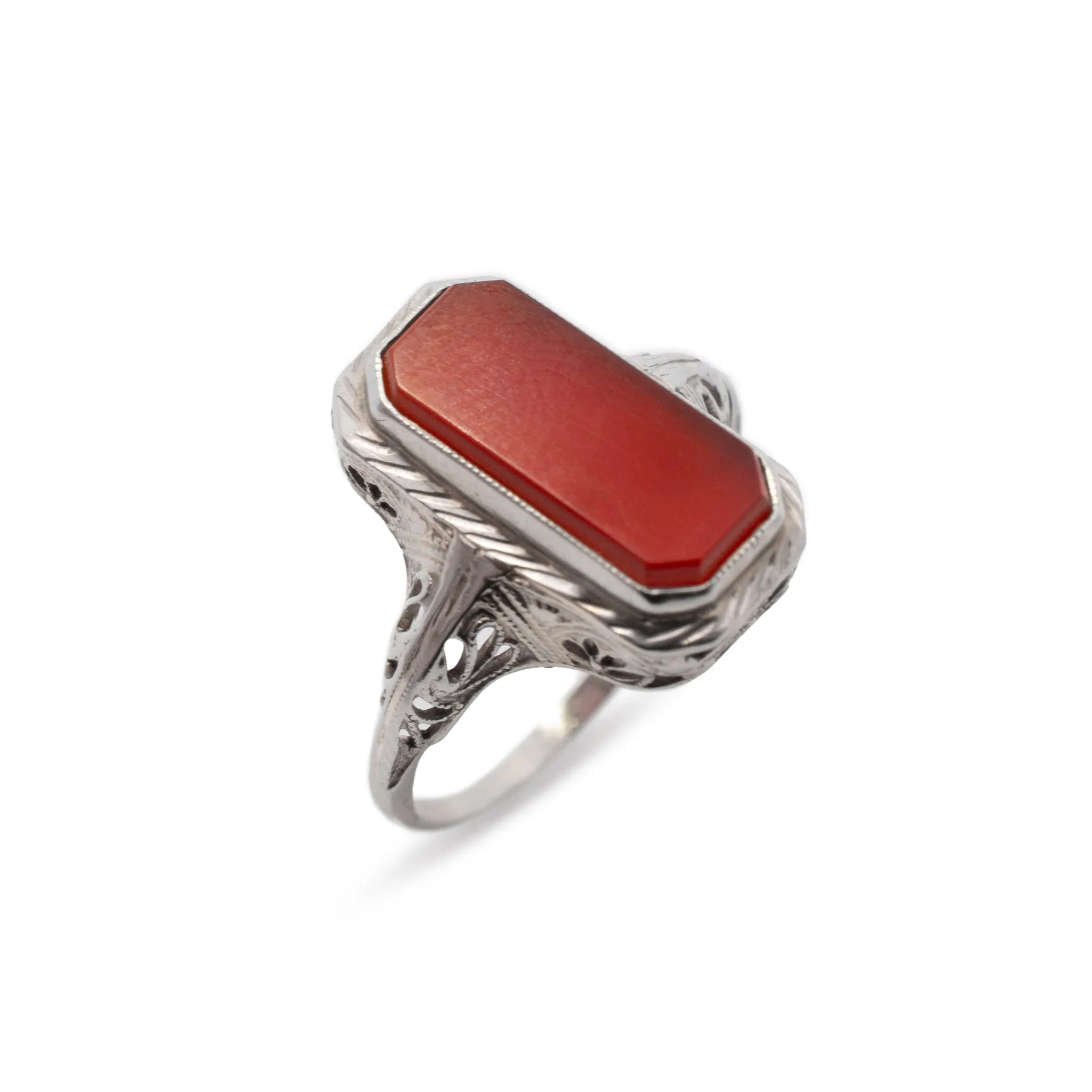 Antique Ladies 14k White Gold Rectangular Sunstone Filigree Cocktail Ring