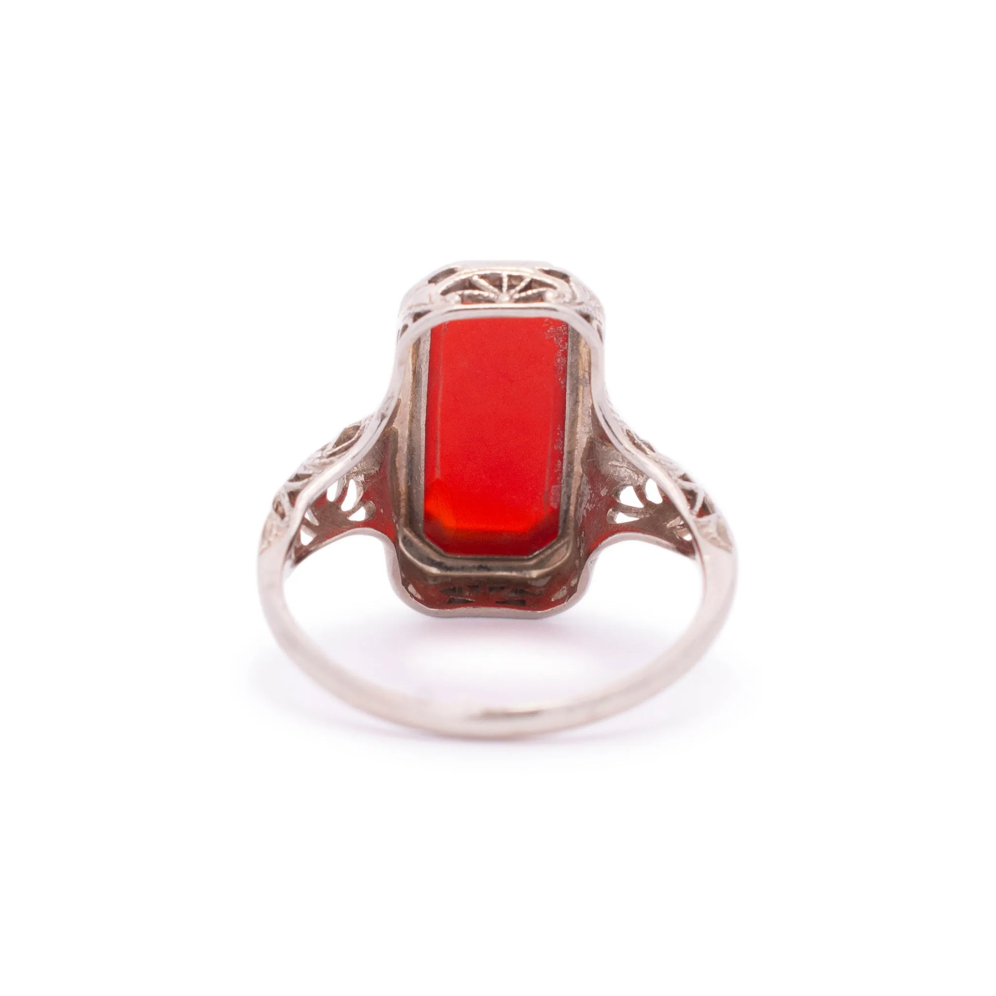 Antique Ladies 14k White Gold Rectangular Sunstone Filigree Cocktail Ring