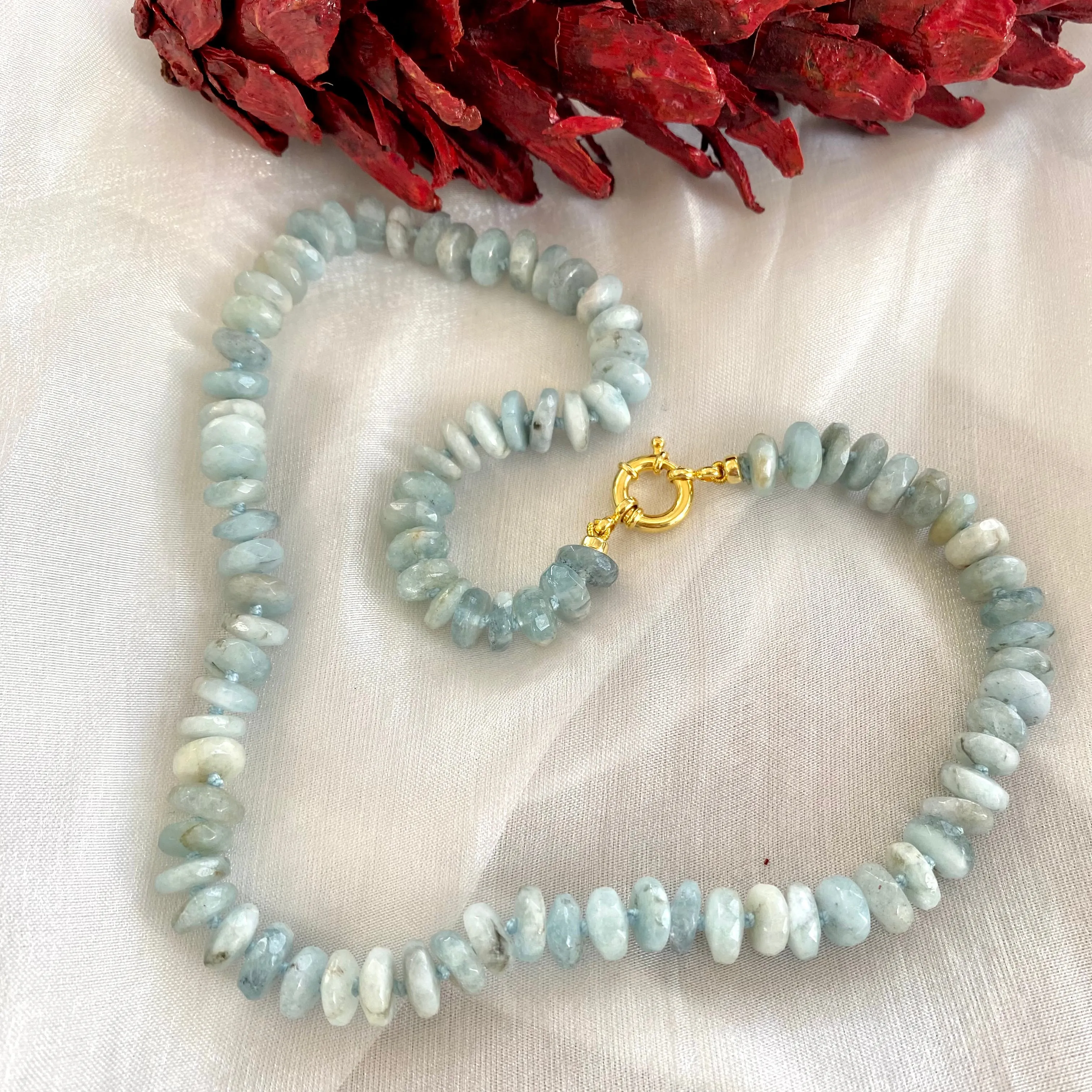 Aquamarine Candy Necklace, Gold Vermeil Plated Silver Marine Closure, 18.5 or 21.5”inches, March Birthstone