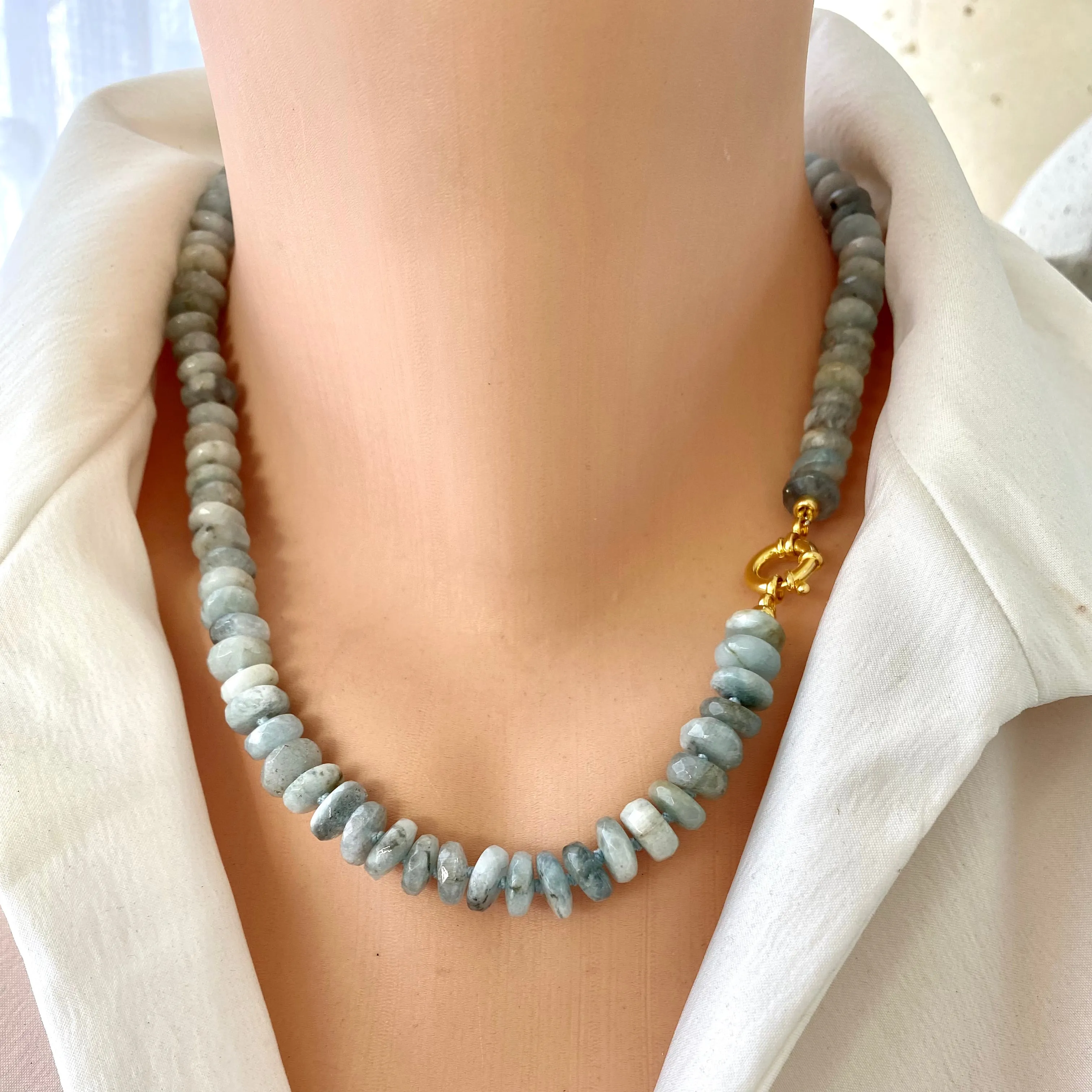 Aquamarine Candy Necklace, Gold Vermeil Plated Silver Marine Closure, 18.5 or 21.5”inches, March Birthstone