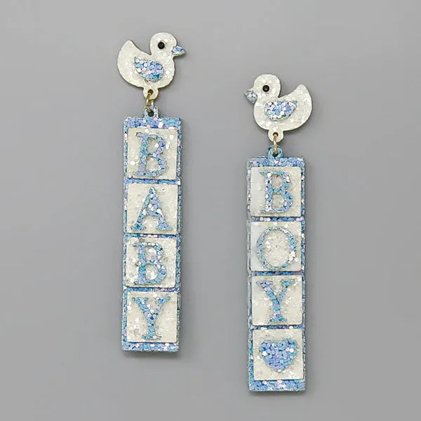 Baby Shower Girl Cube Glittered Dangle Earrings