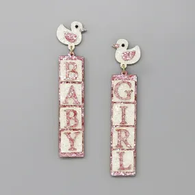 Baby Shower Girl Cube Glittered Dangle Earrings