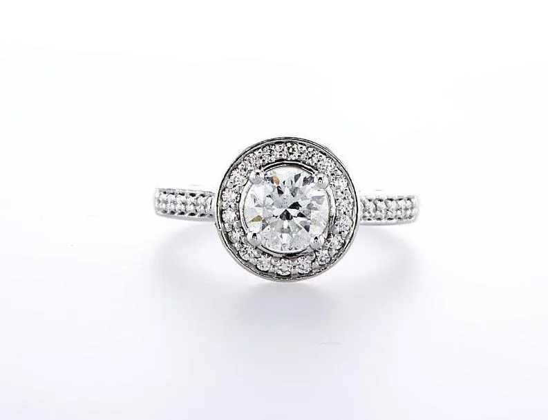 Bezel Halo Diamond Engagement Ring (0.70Ctw) -18K White Gold