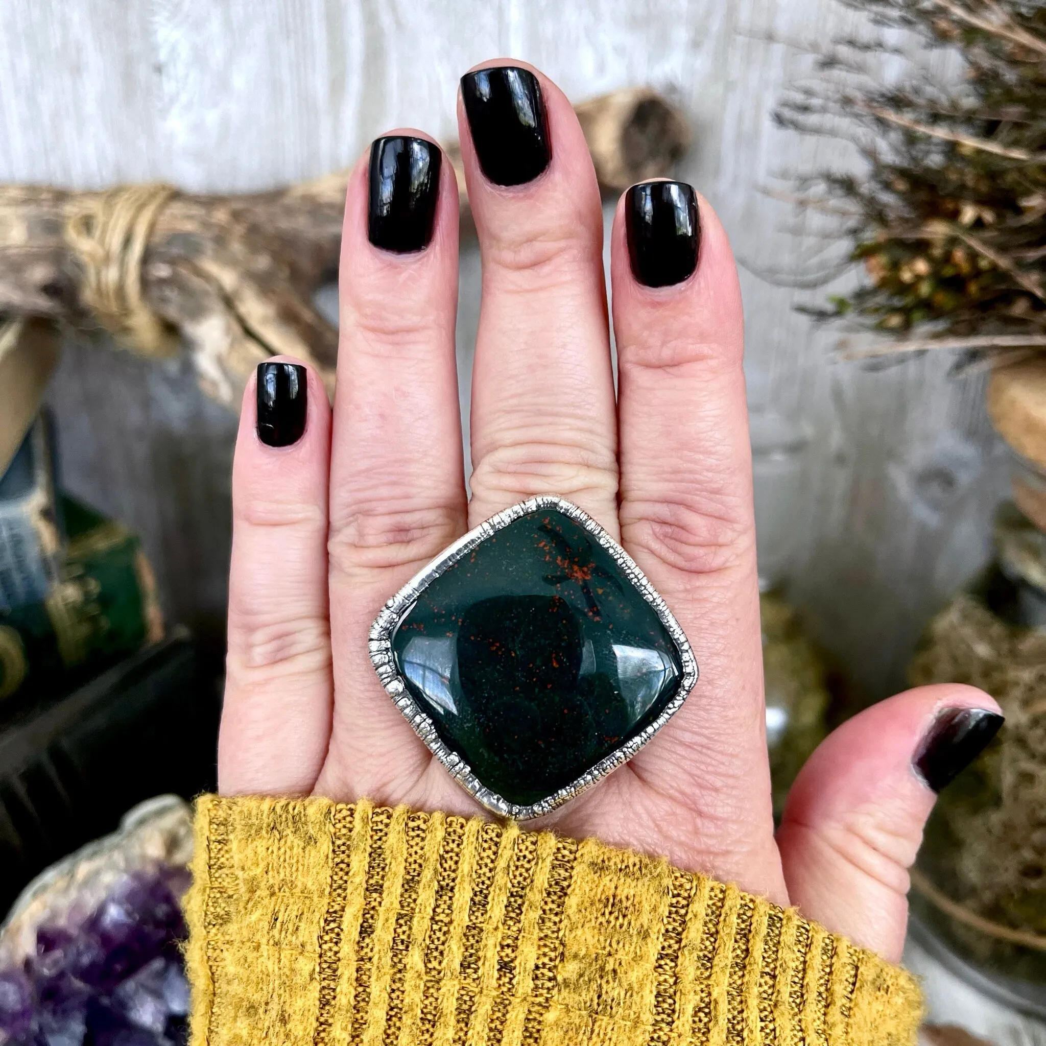 Big Size 8 Natural Bloodstone Statement Ring In Fine Silver /  Foxlark Collection - One of a Kind