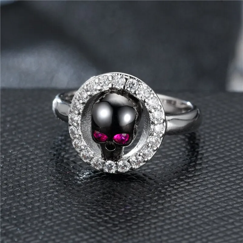 Black Skull and Crystal Wedding & Engagement Ring