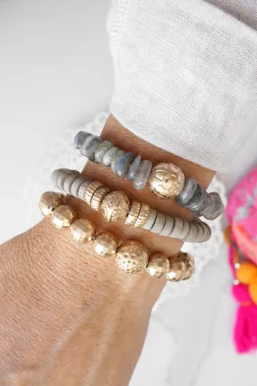 Boho Beads Bracelets set of 3 piece with Semi Precious Labradorite stones beads in Gray and gold