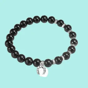 Bracelet Silver Charm and Onyx Unisex Bracelets for Men and Women.  Horseshoe charm.