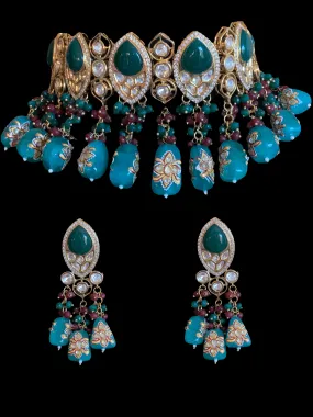 C132 Nidhi polki choker set with green meenakari beads  (READY TO SHIP)