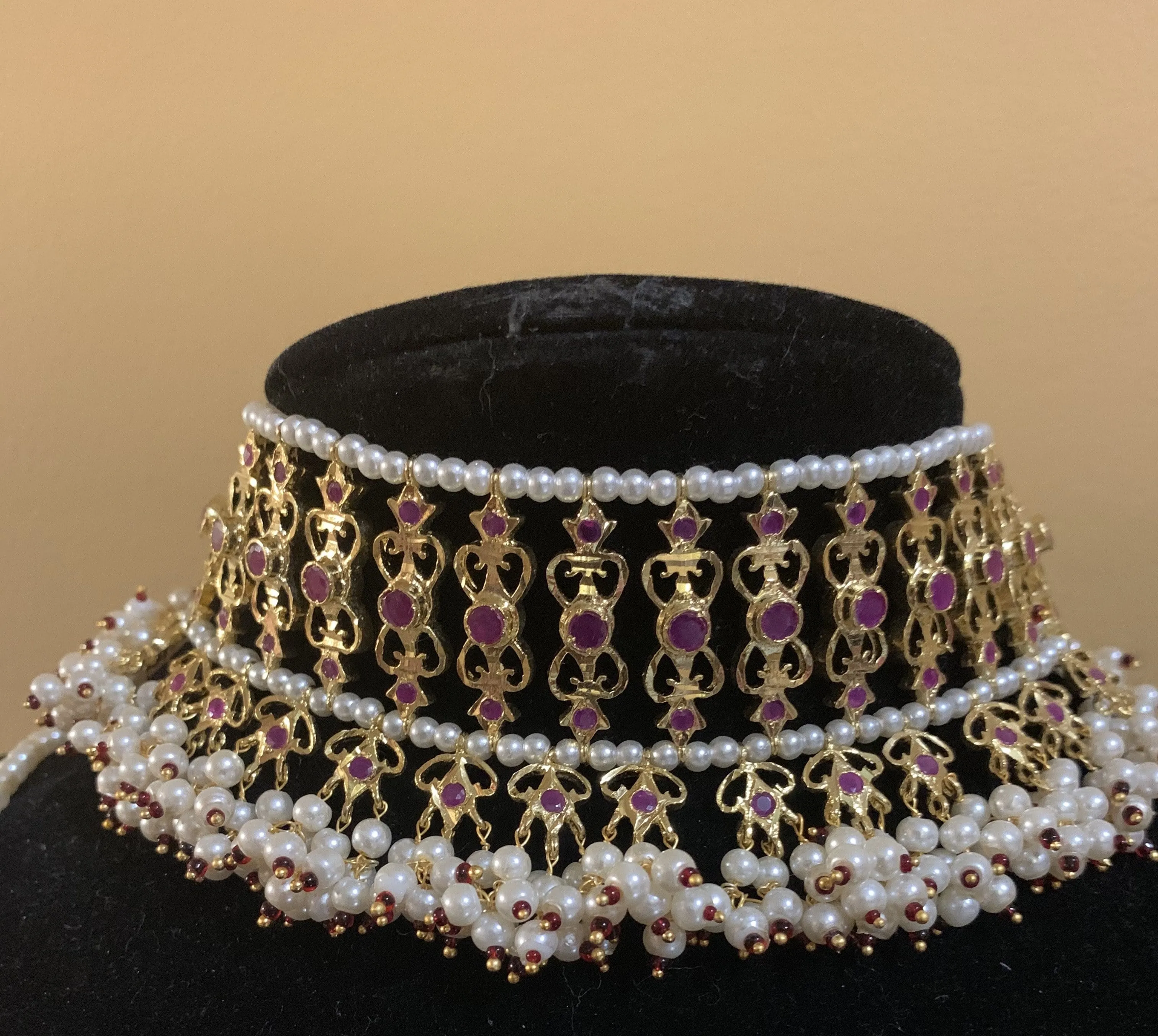 C14 Viya bridal choker set in rubies and pearls  (SHIPS IN 4 WEEKS )