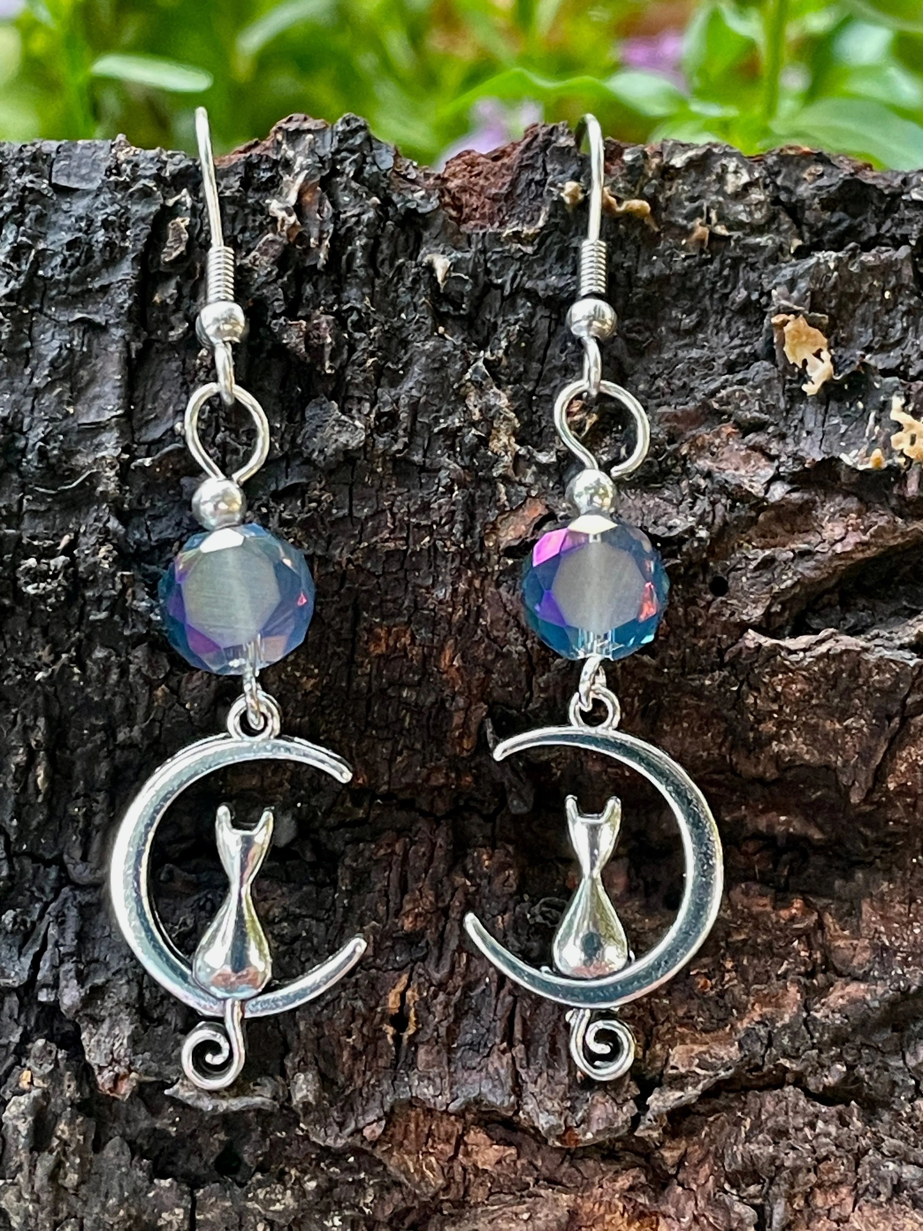 Cat on Crescent Moon Earrings