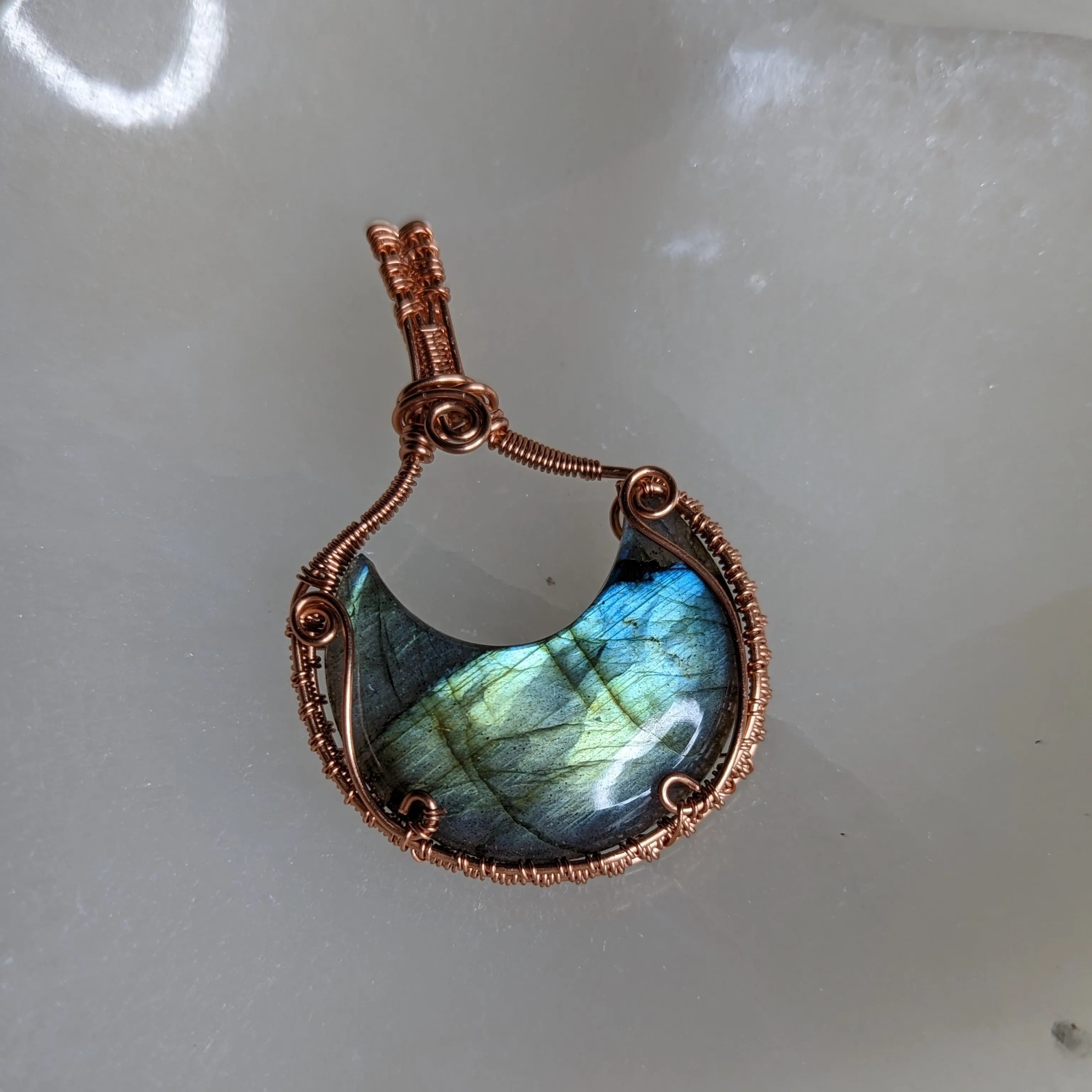 Copper Wire Wrapped Labradorite Mystical Moon Pendant