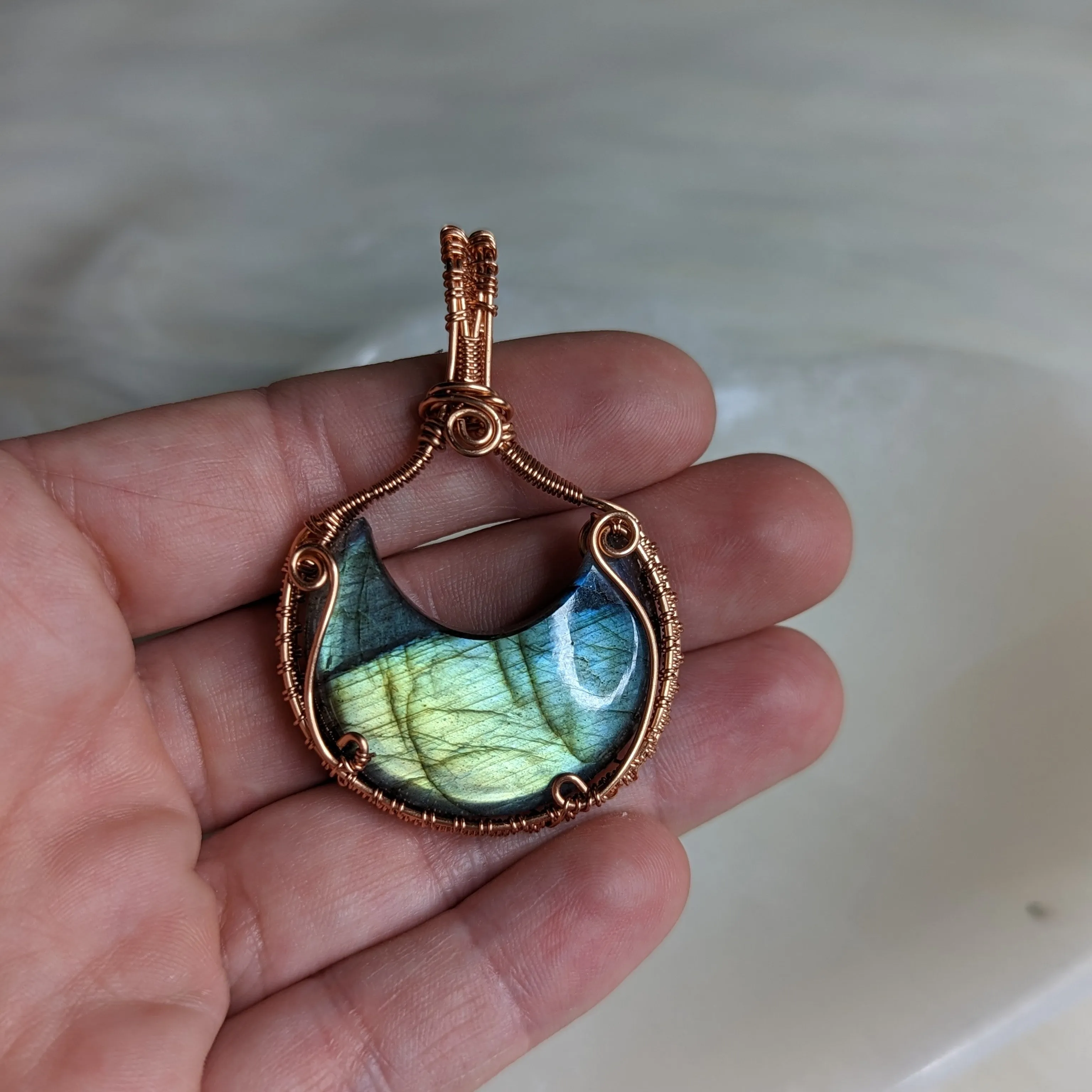 Copper Wire Wrapped Labradorite Mystical Moon Pendant