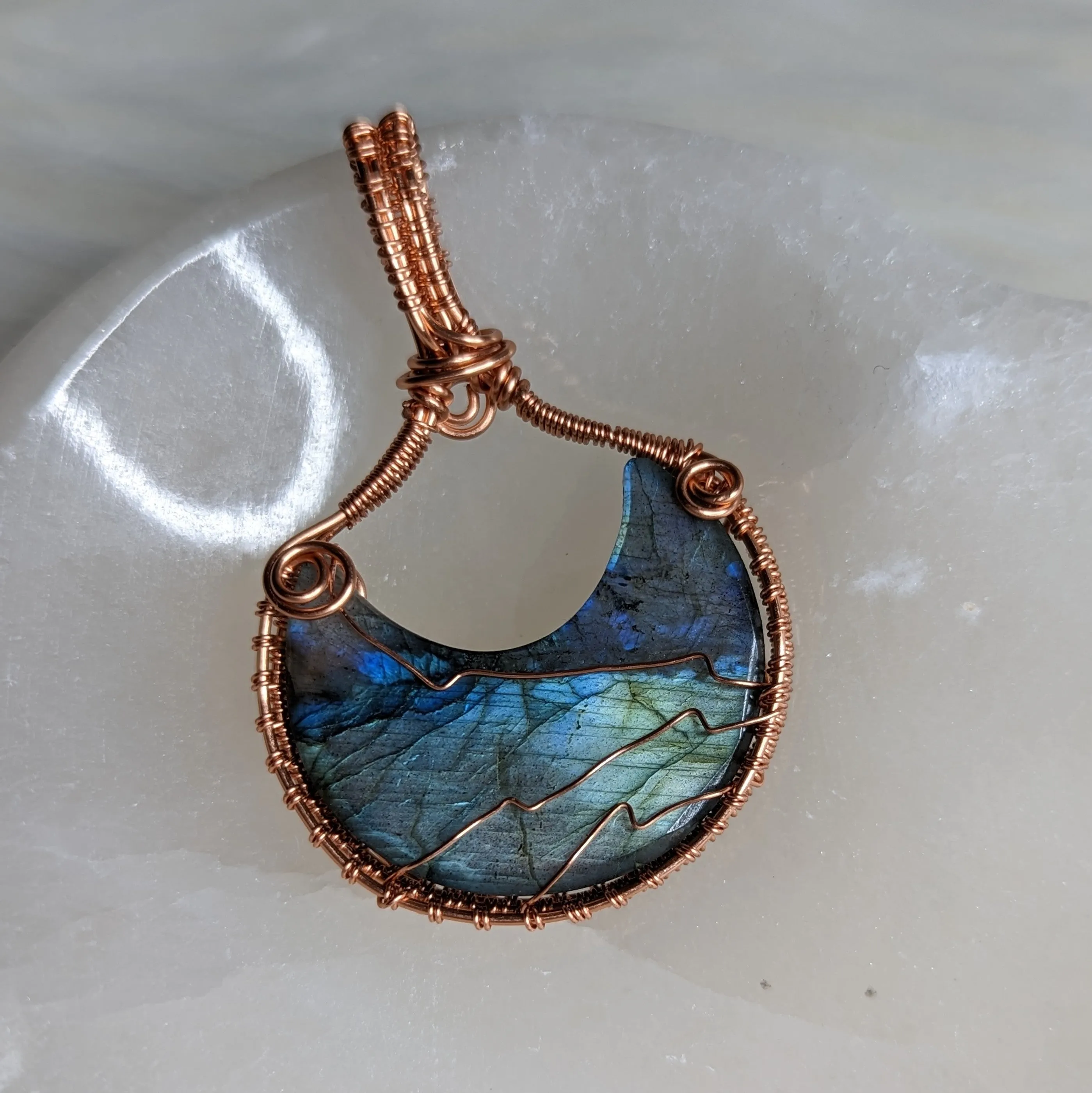 Copper Wire Wrapped Labradorite Mystical Moon Pendant