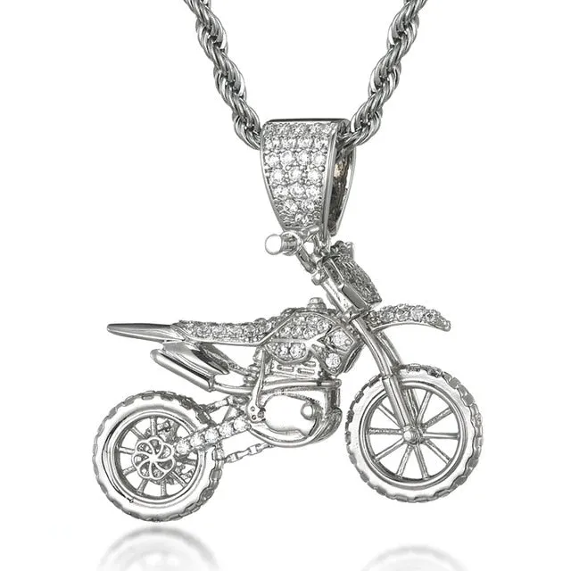 Cubic-Zirconia-Studded Motorcycle Bling Rope Chain Hip-hop Pendant Necklace