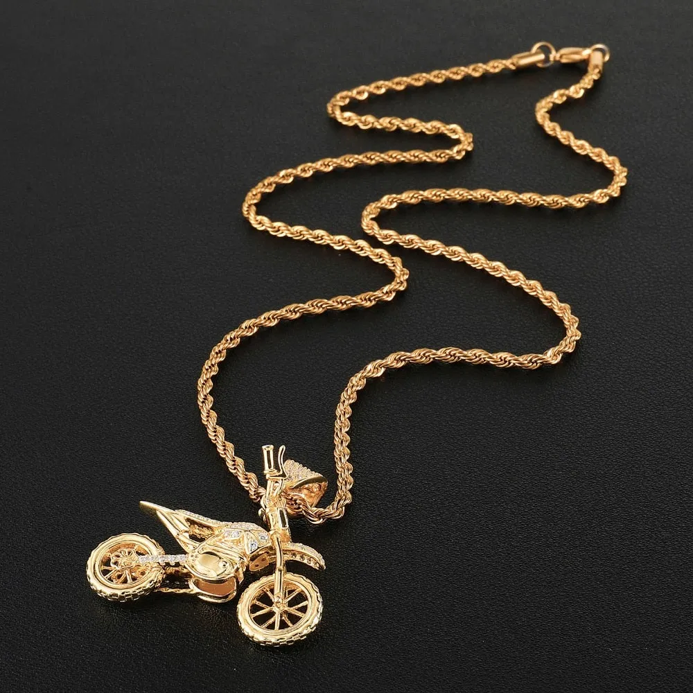 Cubic-Zirconia-Studded Motorcycle Bling Rope Chain Hip-hop Pendant Necklace