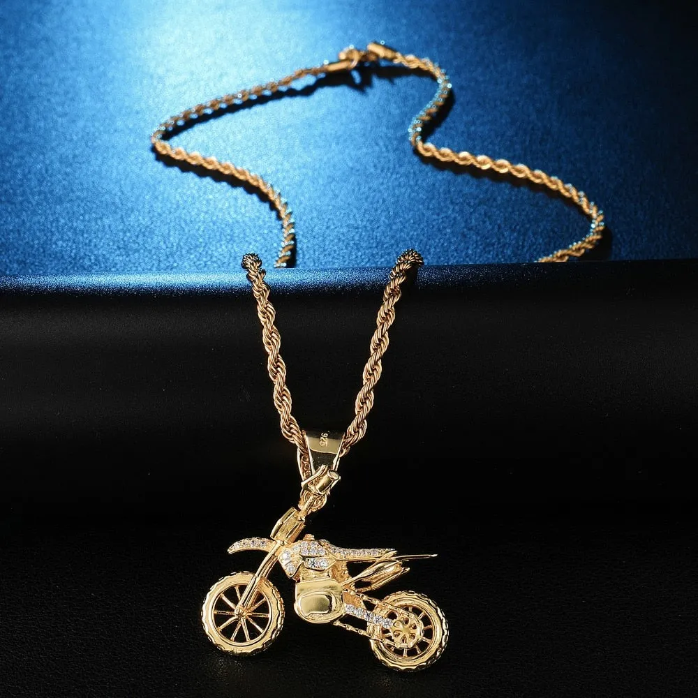 Cubic-Zirconia-Studded Motorcycle Bling Rope Chain Hip-hop Pendant Necklace