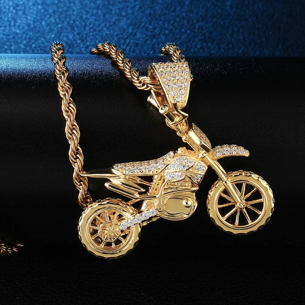 Cubic-Zirconia-Studded Motorcycle Bling Rope Chain Hip-hop Pendant Necklace