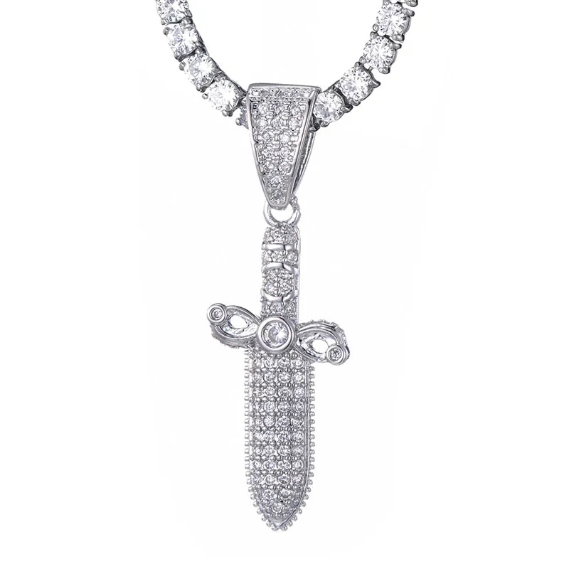 Cubic-Zirconia-Studded Sword Bling Hip-hop Pendant Necklace