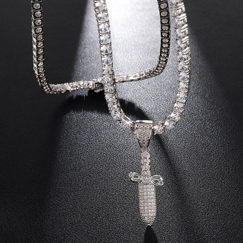 Cubic-Zirconia-Studded Sword Bling Hip-hop Pendant Necklace