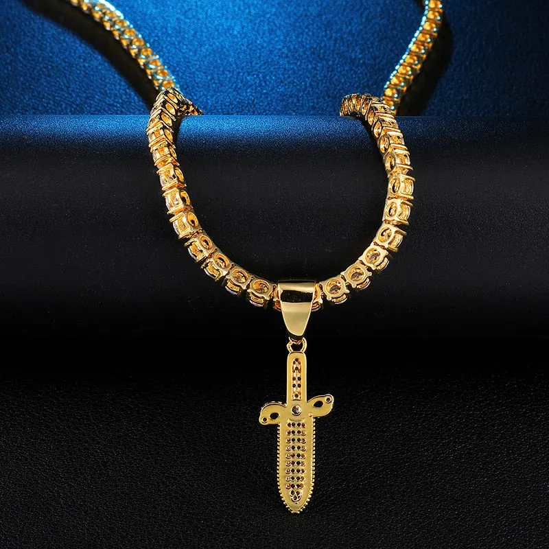 Cubic-Zirconia-Studded Sword Bling Hip-hop Pendant Necklace