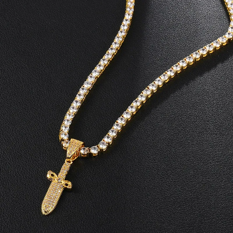 Cubic-Zirconia-Studded Sword Bling Hip-hop Pendant Necklace