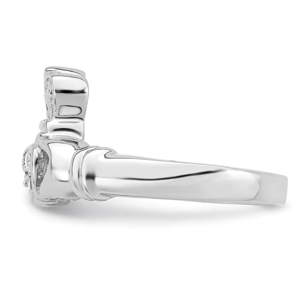 CZ Rhodium-Plated Claddagh Ring in Sterling Silver