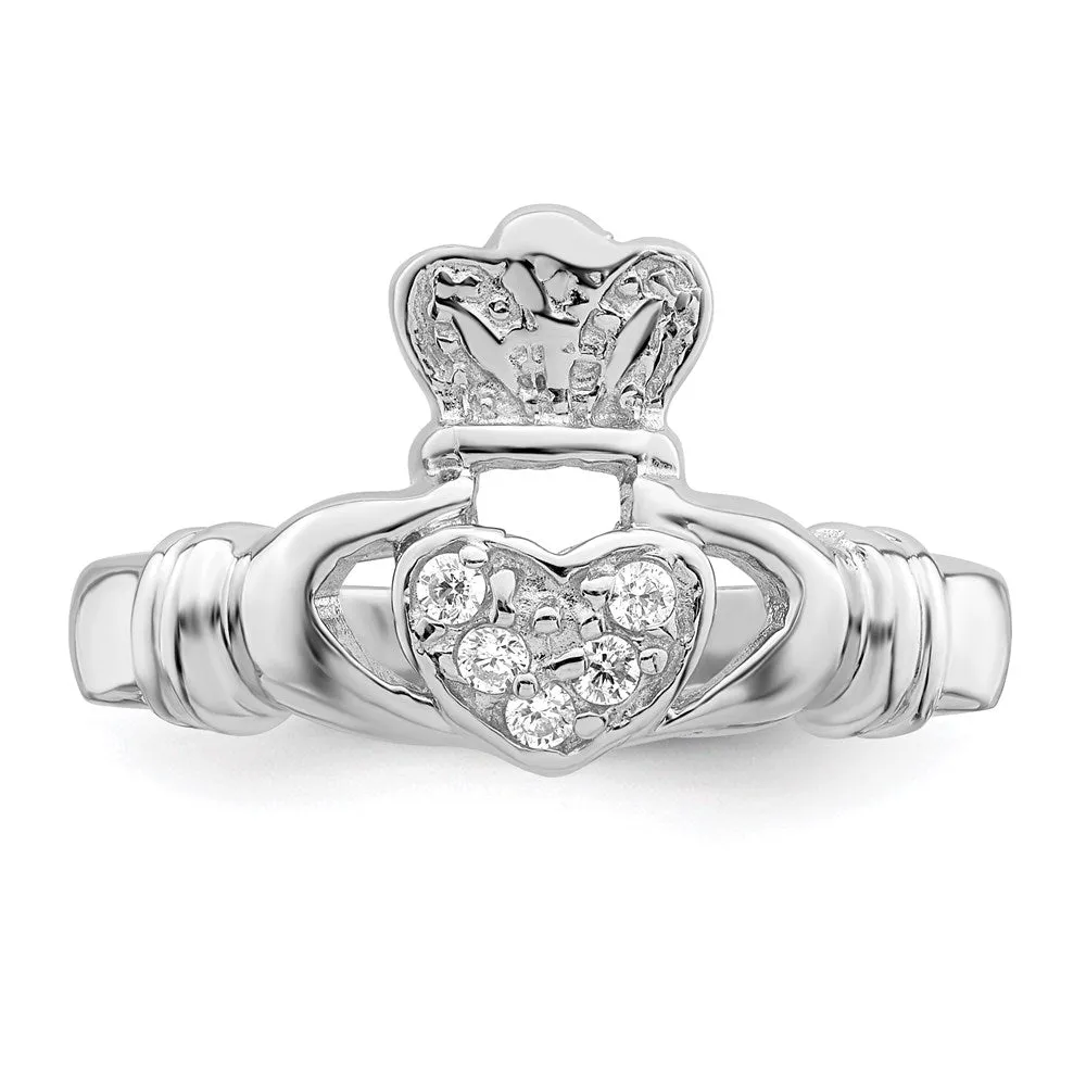 CZ Rhodium-Plated Claddagh Ring in Sterling Silver