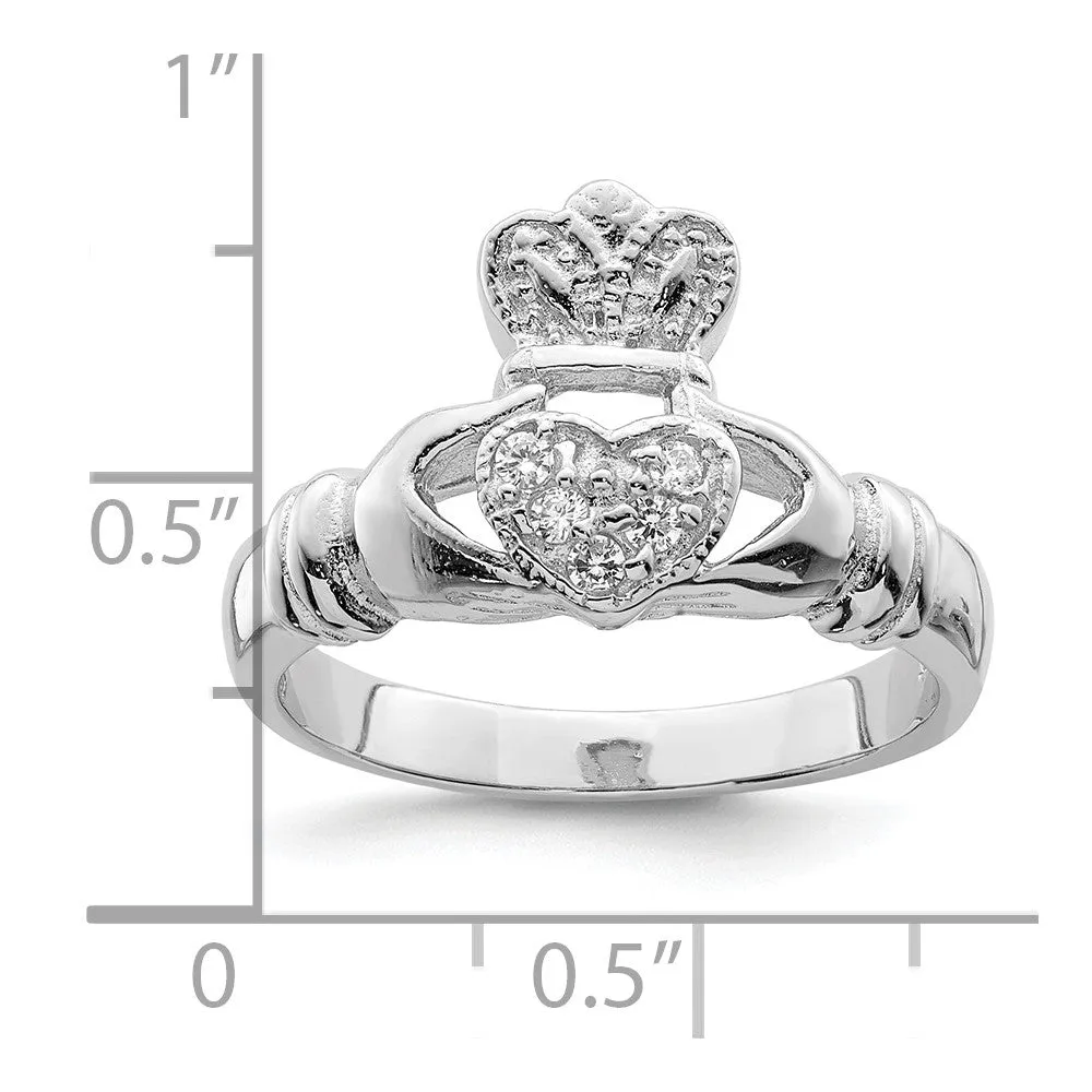 CZ Rhodium-Plated Claddagh Ring in Sterling Silver