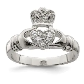 CZ Rhodium-Plated Claddagh Ring in Sterling Silver