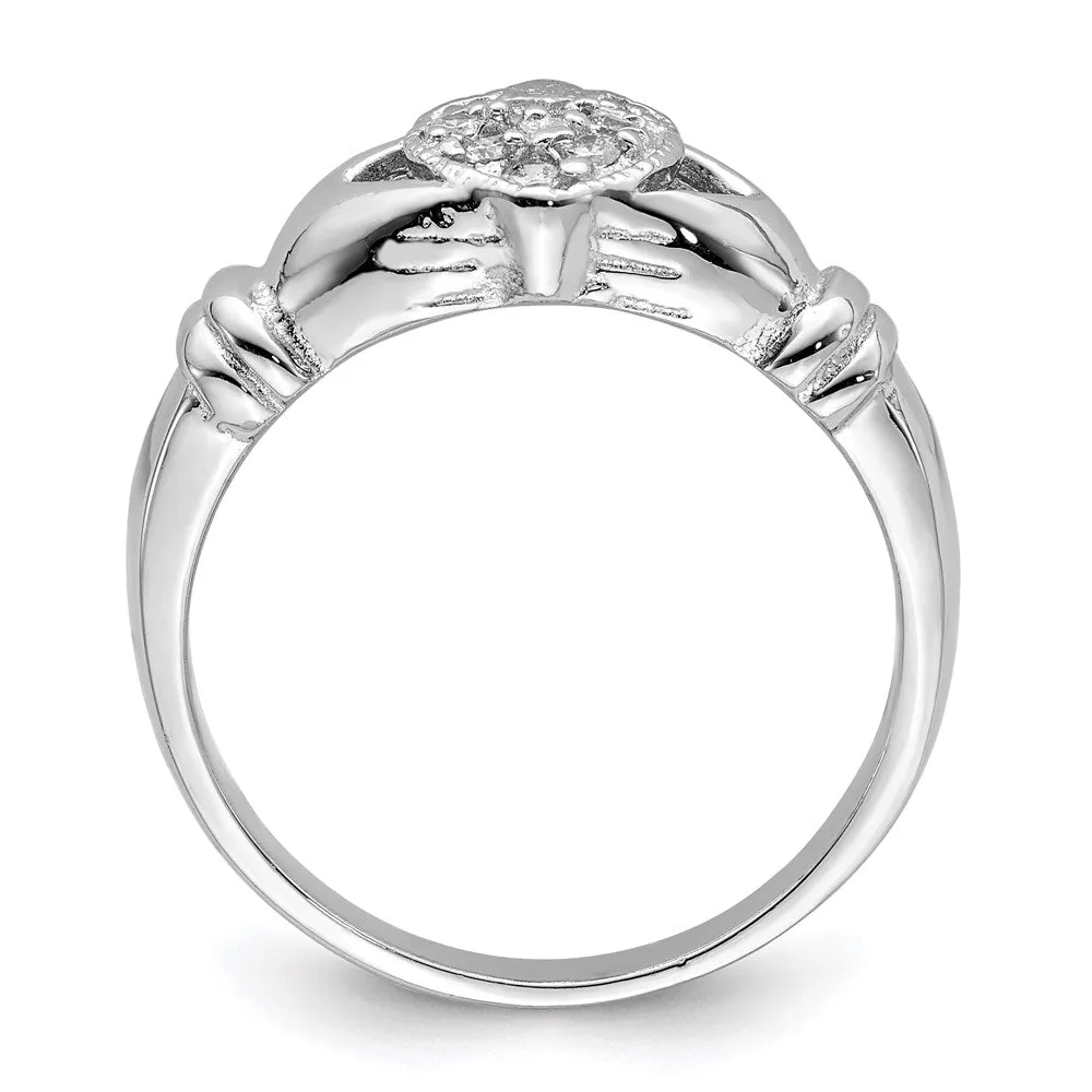 CZ Rhodium-Plated Claddagh Ring in Sterling Silver