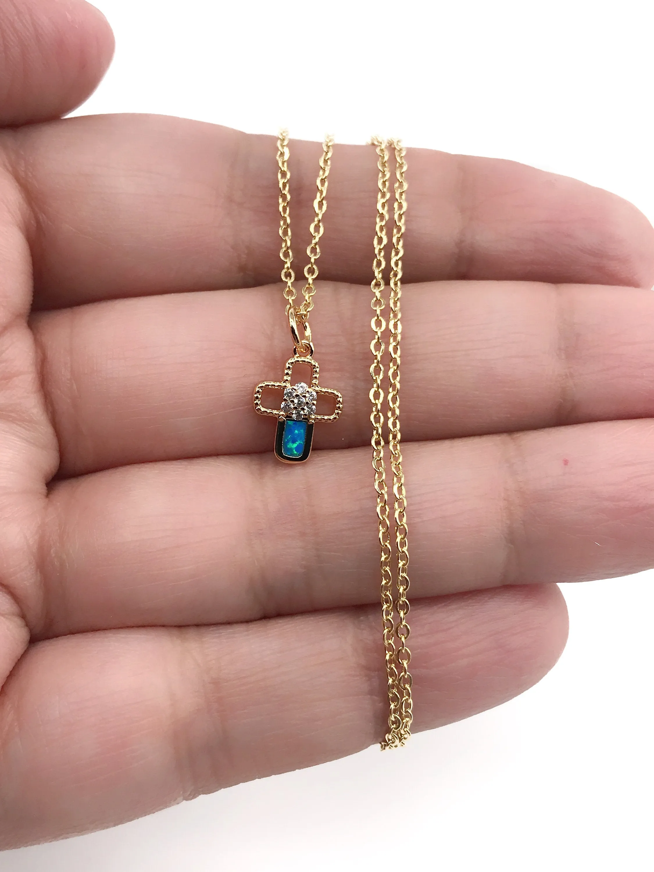 Dainty Cross Necklace Gold, Blue Opal Cross Pendant, Cross jewelry, Simple Catholic Gifts, Petite Charms, Opal Cross Necklace, Cross Charm