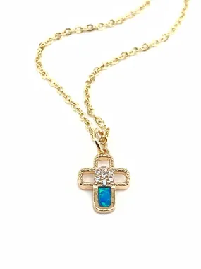 Dainty Cross Necklace Gold, Blue Opal Cross Pendant, Cross jewelry, Simple Catholic Gifts, Petite Charms, Opal Cross Necklace, Cross Charm