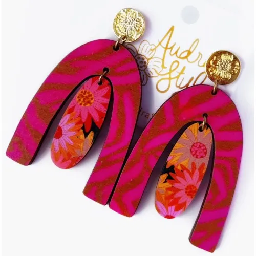 Dottie - Zebra Caramel Fuchsia Groovy Flower Black Earrings